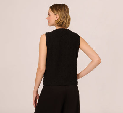 Crew Neck Textured Vest Cardigan In Black