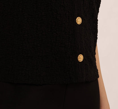 Crew Neck Textured Vest Cardigan In Black
