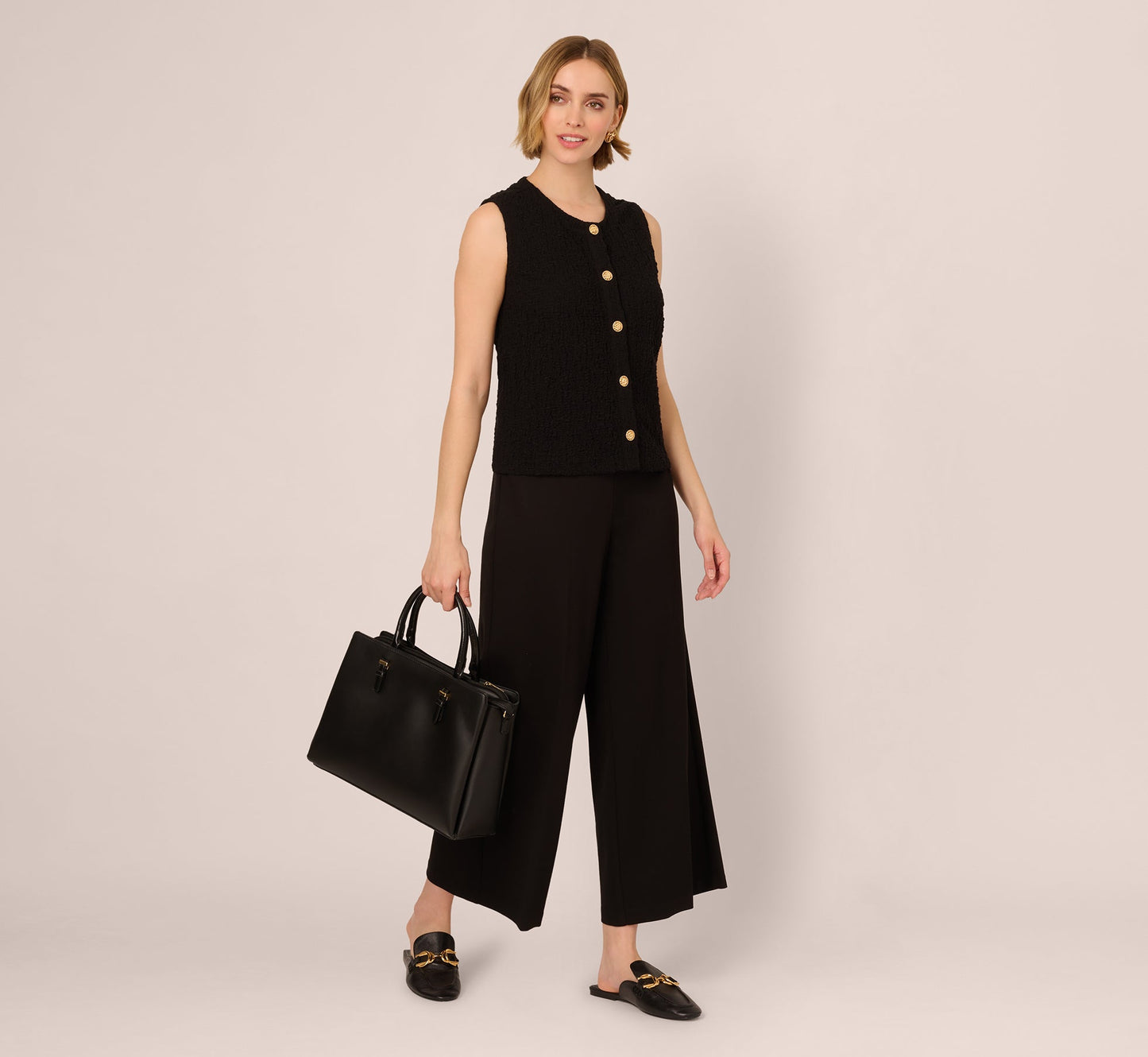 Crew Neck Textured Vest Cardigan In Black