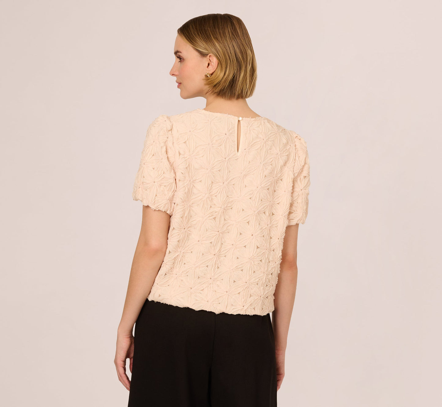 Short Sleeve Floral Crochet Texture Top In Sand Dollar