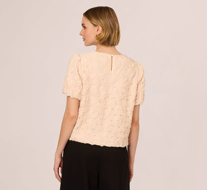 Short Sleeve Floral Crochet Texture Top In Sand Dollar