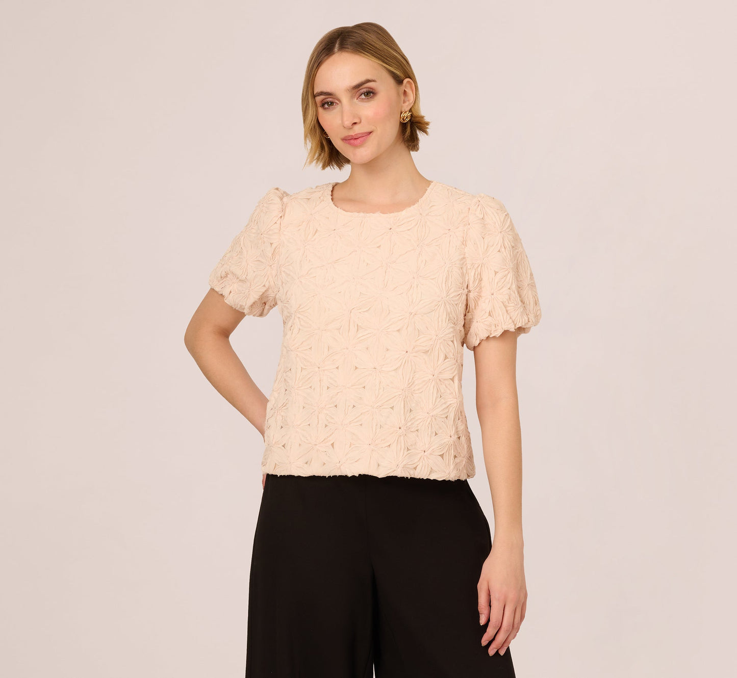 Short Sleeve Floral Crochet Texture Top In Sand Dollar
