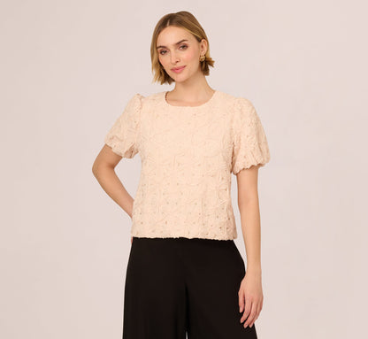 Short Sleeve Floral Crochet Texture Top In Sand Dollar