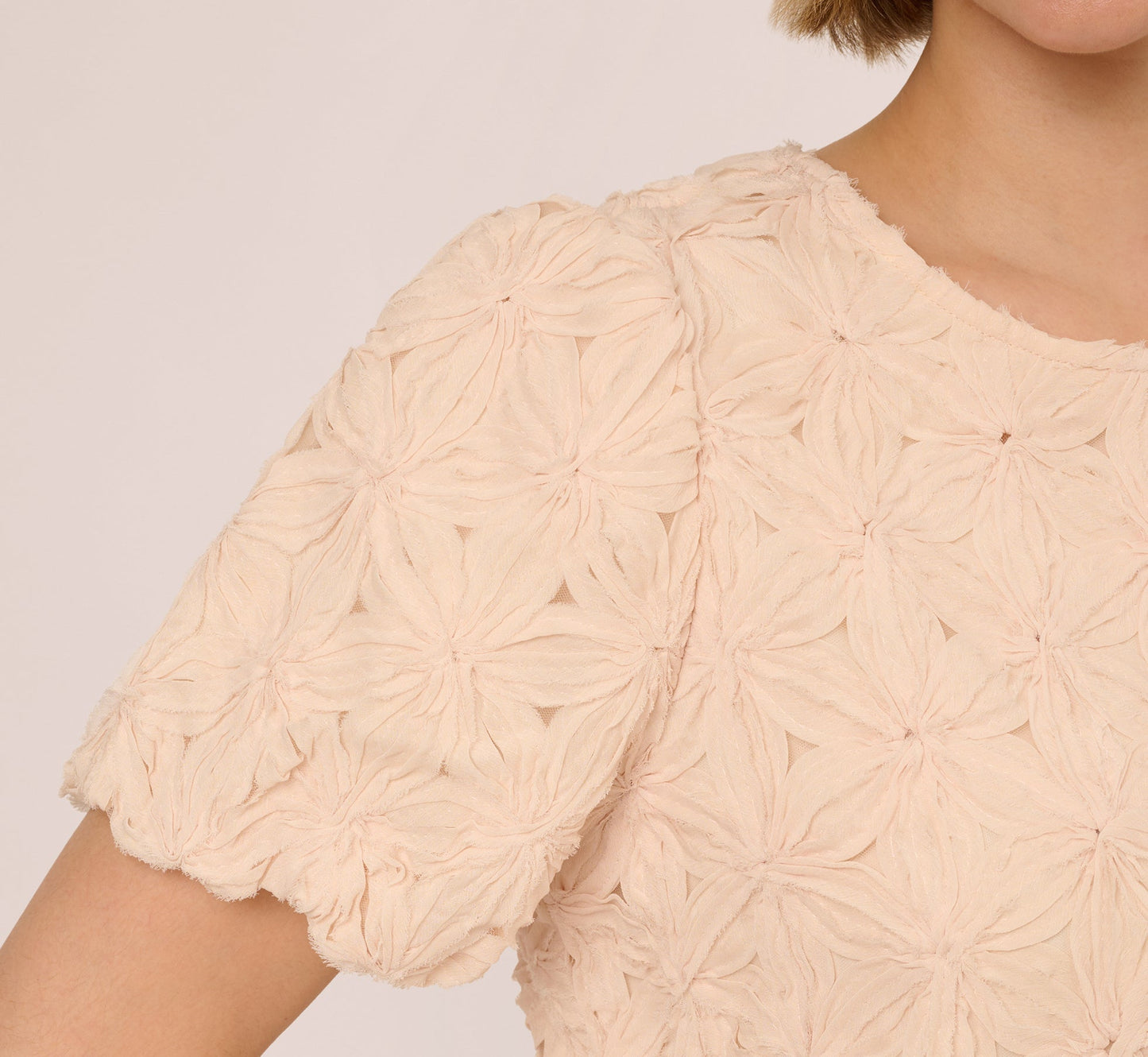 Short Sleeve Floral Crochet Texture Top In Sand Dollar