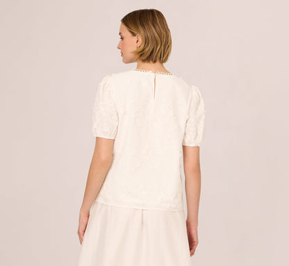 Short Sleeve 3D Eyelet Top In White
