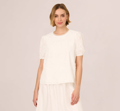 Short Sleeve 3D Eyelet Top In White