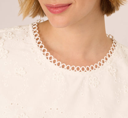 Short Sleeve 3D Eyelet Top In White