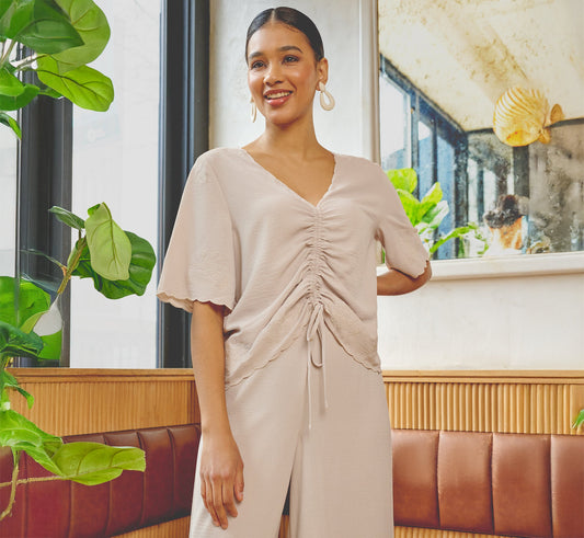 Embroidered Airflow Top And Wide Leg Pant Set In Pebble