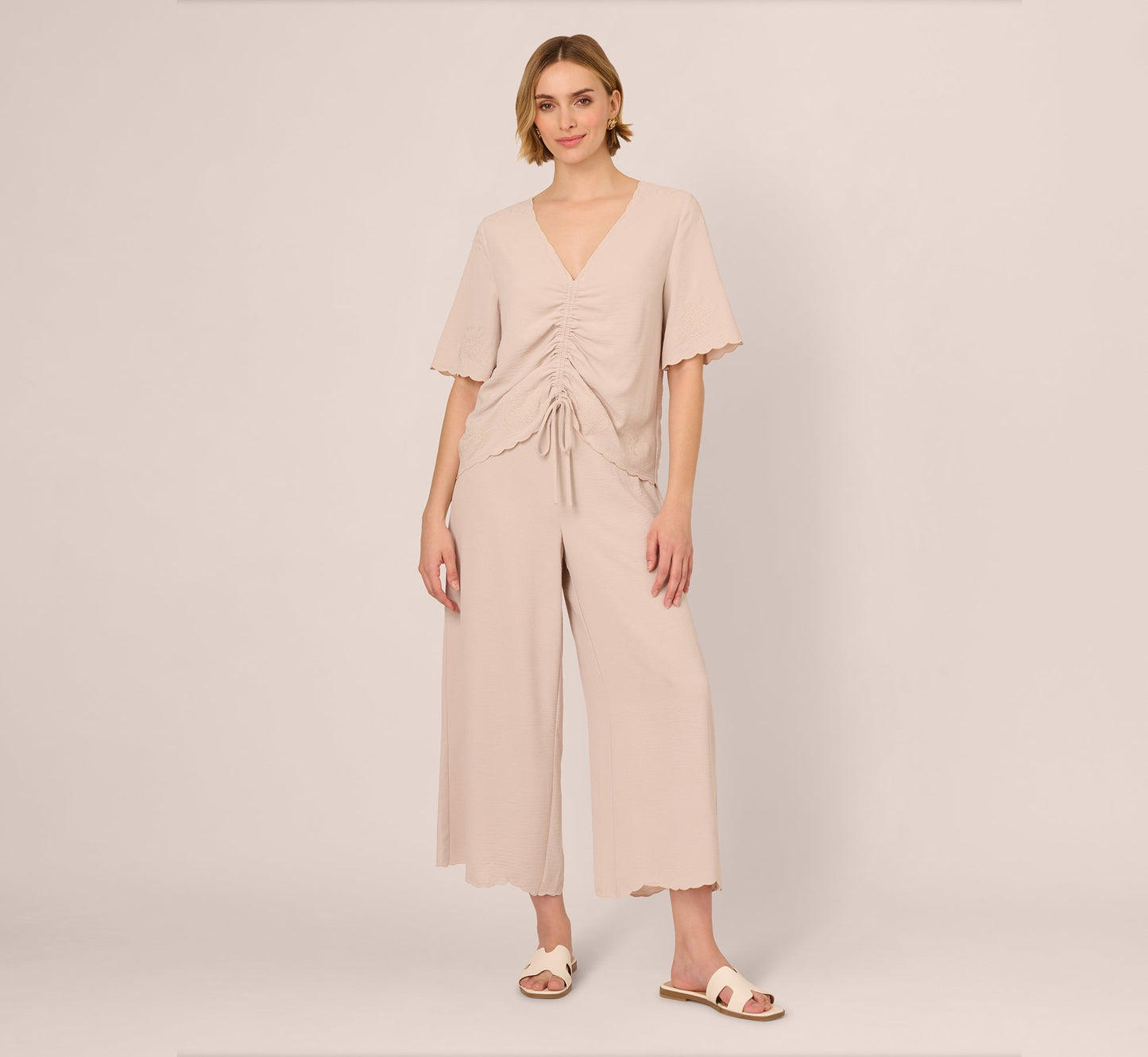Embroidered Airflow Top And Wide Leg Pant Set In Pebble