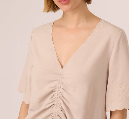 Embroidered Airflow Top And Wide Leg Pant Set In Pebble