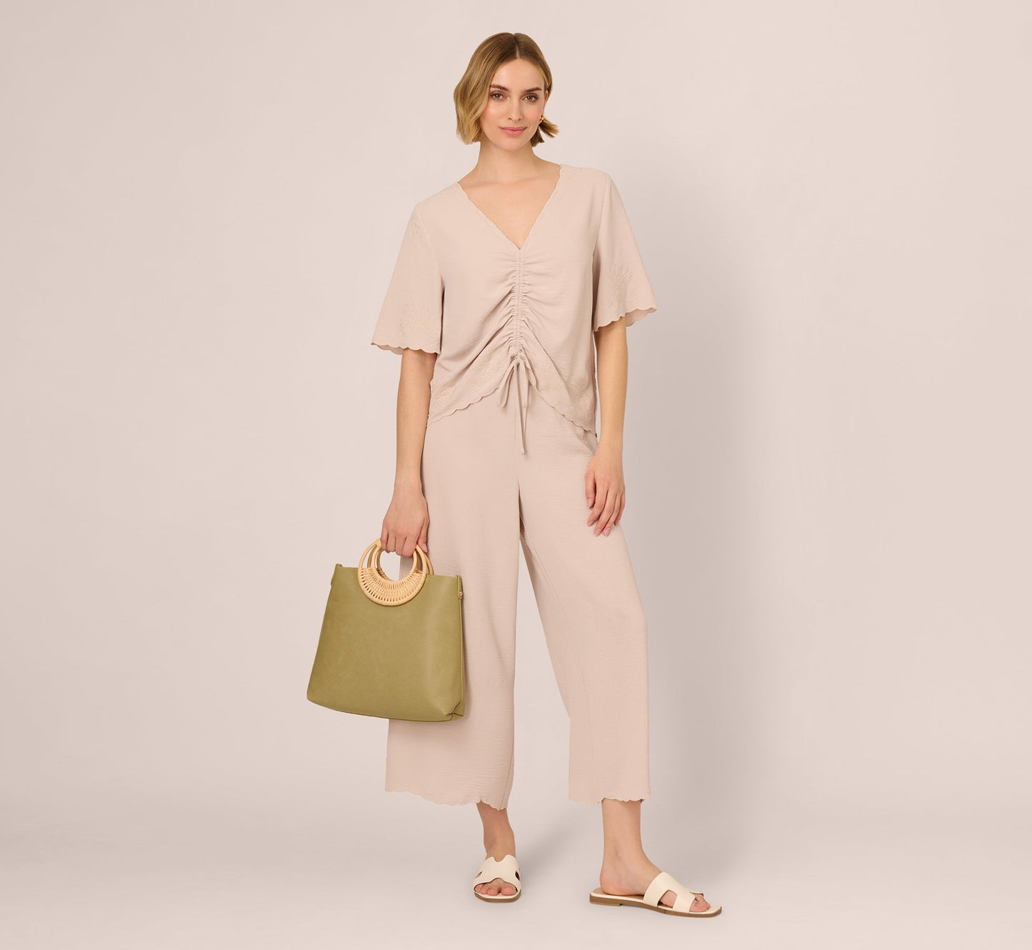 Embroidered Airflow Top And Wide Leg Pant Set In Pebble