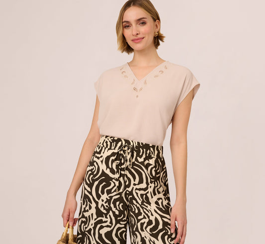 Sleeveless Embroidered V Neck Top In Pebble