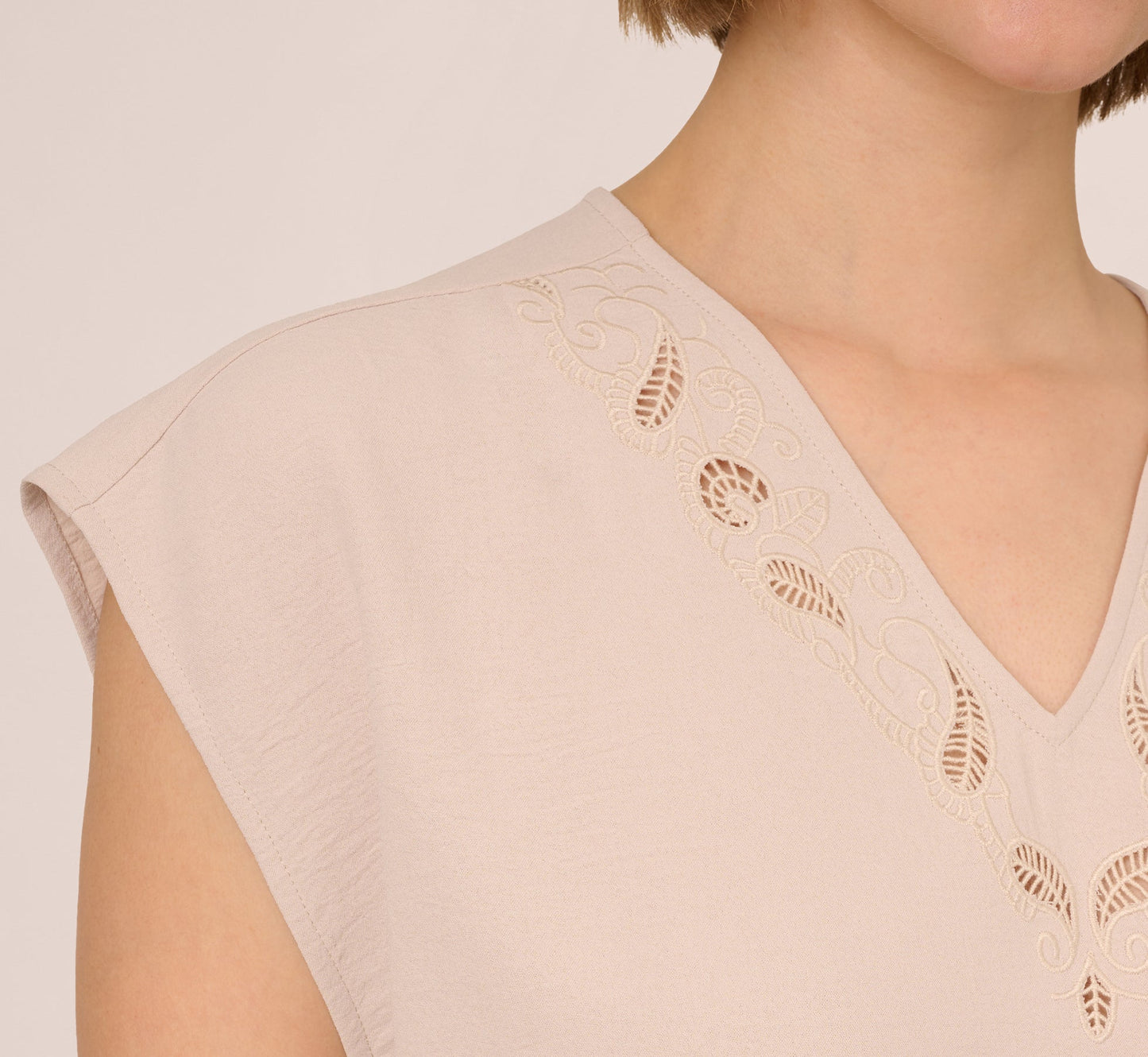 Sleeveless Embroidered V Neck Top In Pebble