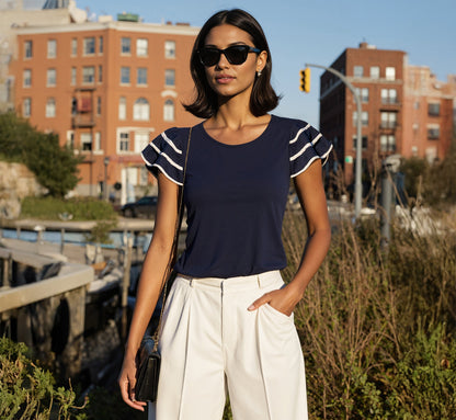 Ruffle Sleeve Contrast Trim Top In Blue Moon Ivory