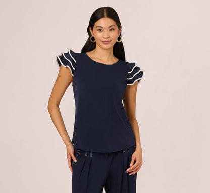 Ruffle Sleeve Contrast Trim Top In Blue Moon Ivory