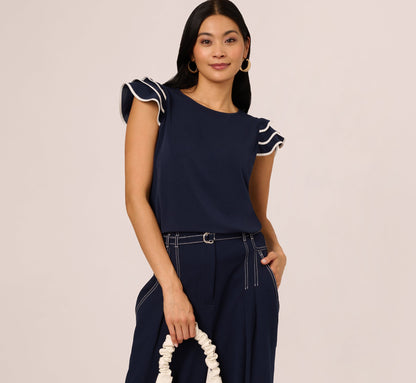 Ruffle Sleeve Contrast Trim Top In Blue Moon Ivory