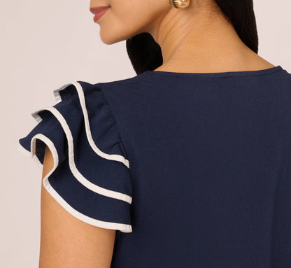 Ruffle Sleeve Contrast Trim Top In Blue Moon Ivory