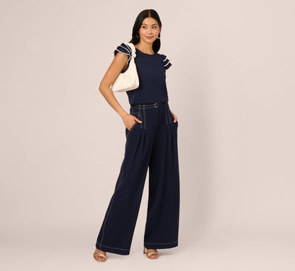 Ruffle Sleeve Contrast Trim Top In Blue Moon Ivory