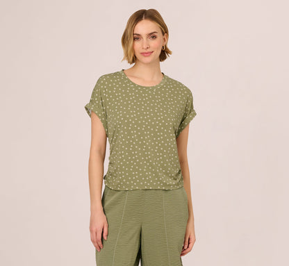 Cap Sleeve Ruched Side Top In Oil Green Scribble Daisy