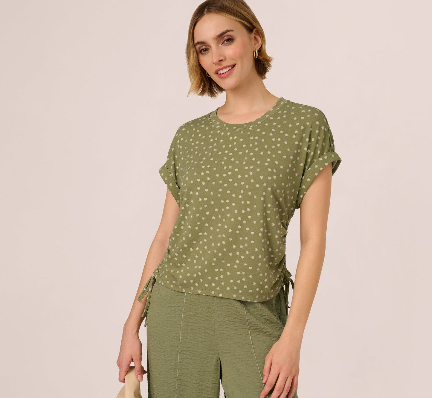 Cap Sleeve Ruched Side Top In Oil Green Scribble Daisy