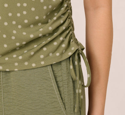 Cap Sleeve Ruched Side Top In Oil Green Scribble Daisy