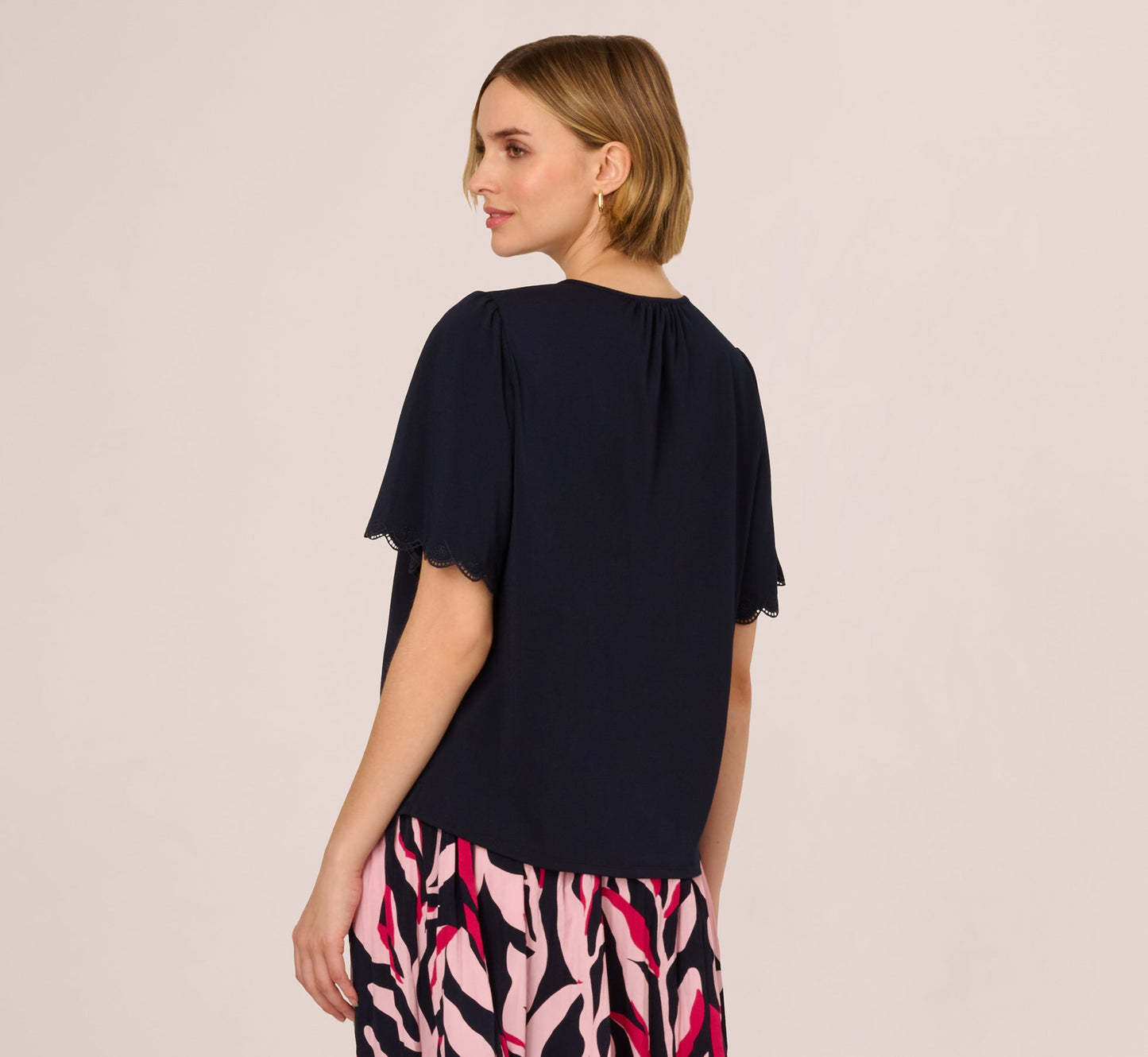 Short Sleeve Neck Tie Embroidered Yoke Top In Blue Moon