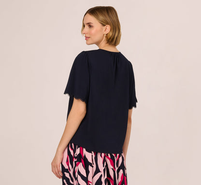 Short Sleeve Neck Tie Embroidered Yoke Top In Blue Moon