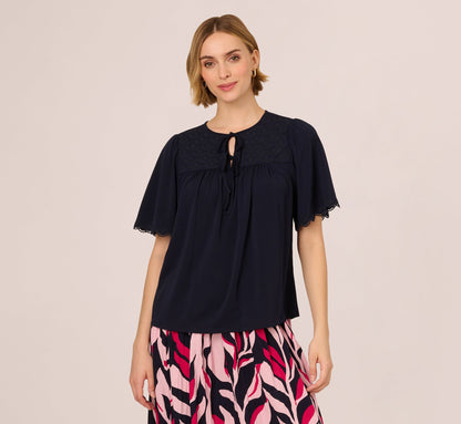 Short Sleeve Neck Tie Embroidered Yoke Top In Blue Moon