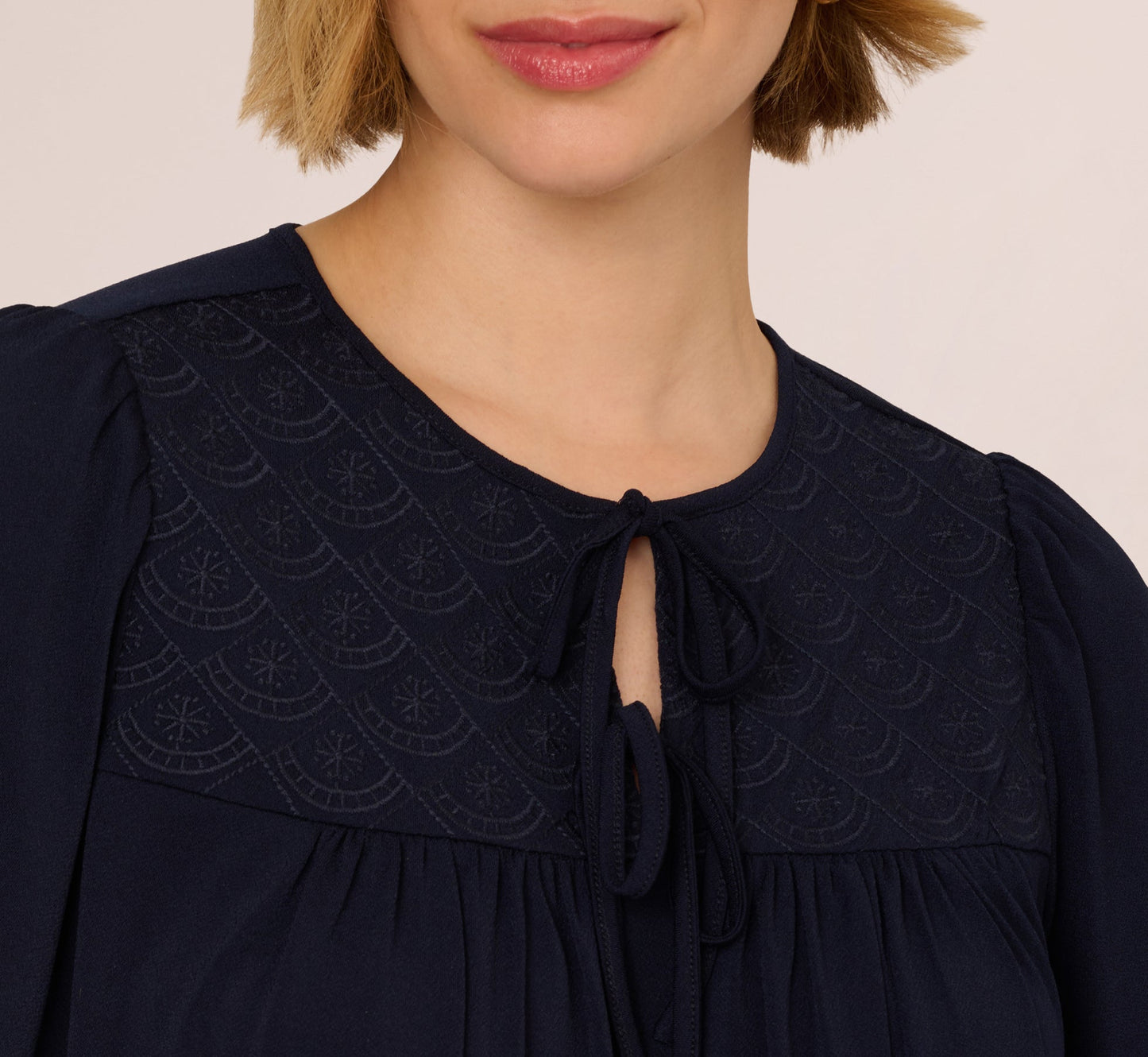 Short Sleeve Neck Tie Embroidered Yoke Top In Blue Moon