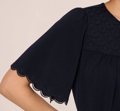Short Sleeve Neck Tie Embroidered Yoke Top In Blue Moon