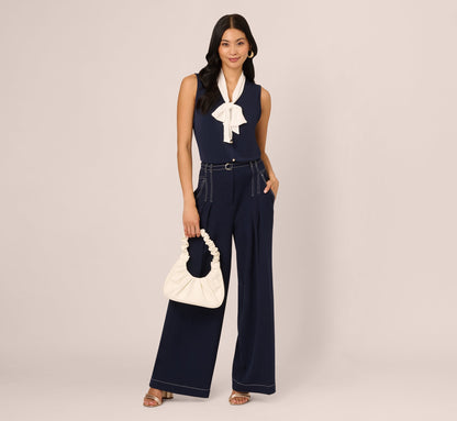 Tie Collar Knit Vest Top In Blue Moon Ivory