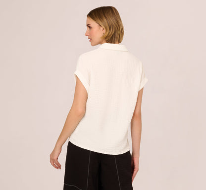 Cap Sleeve Semisheer Textured Button Front Top In Ivory