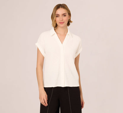 Cap Sleeve Semisheer Textured Button Front Top In Ivory