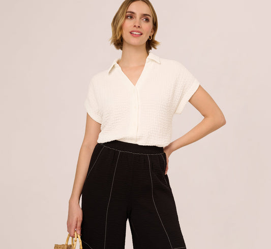 Cap Sleeve Semisheer Textured Button Front Top In Ivory