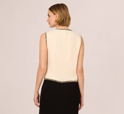 Fray Trim Tweed Vest Cardigan In Ivory