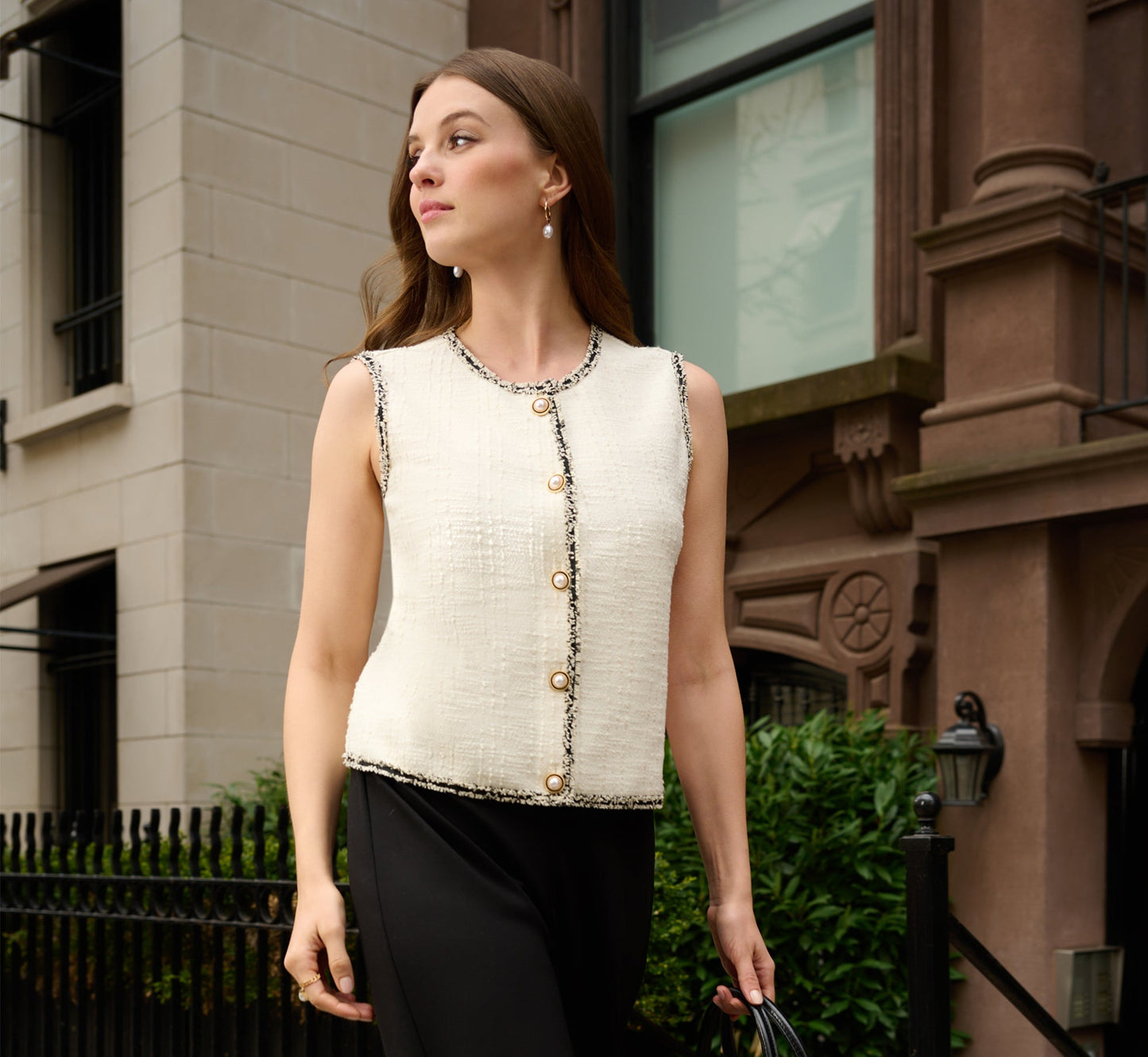 Fray Trim Tweed Vest Cardigan In Ivory