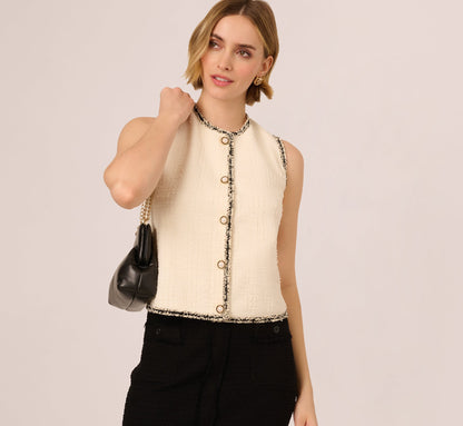 Fray Trim Tweed Vest Cardigan In Ivory