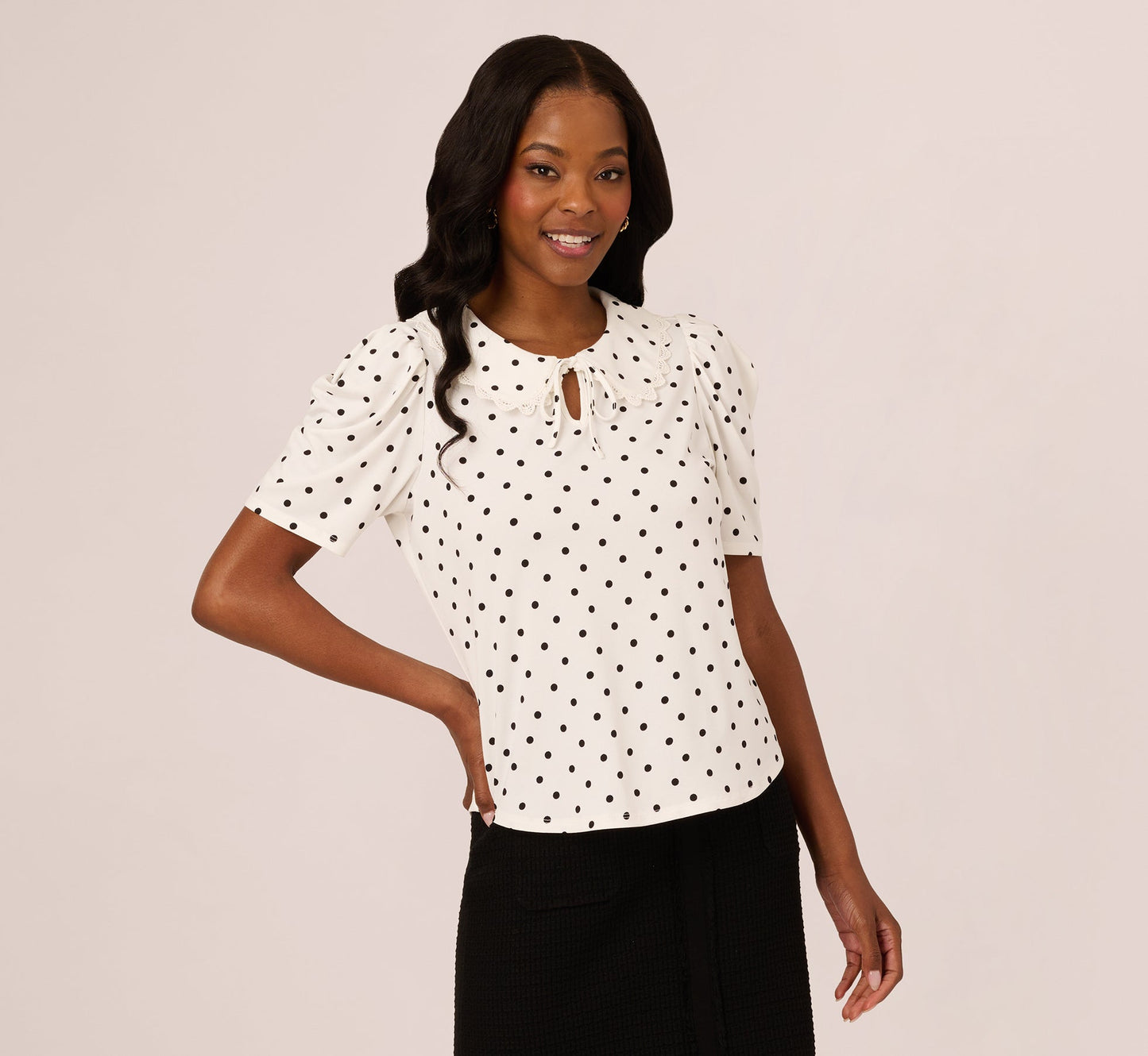 Puff Sleeve Peter Pan Collar Top In Ivory Black Timeless Dot