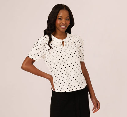 Puff Sleeve Peter Pan Collar Top In Ivory Black Timeless Dot
