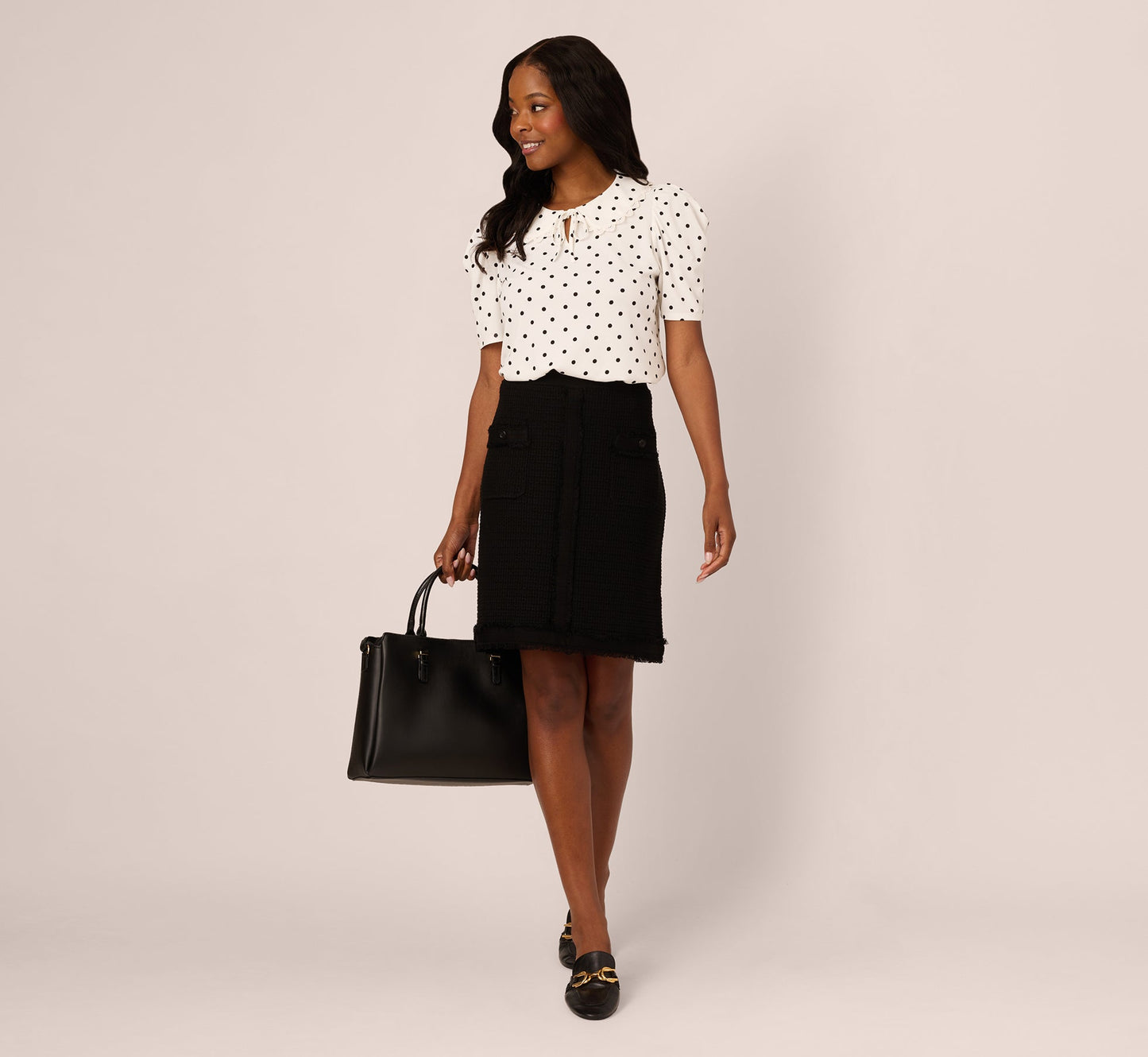 Puff Sleeve Peter Pan Collar Top In Ivory Black Timeless Dot