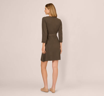 Three Quarter Sleeve Waffle Knit Short Dress In Fatigue