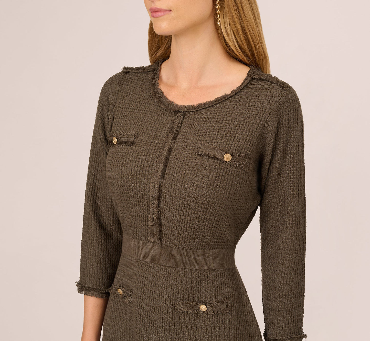 Three Quarter Sleeve Waffle Knit Short Dress In Fatigue