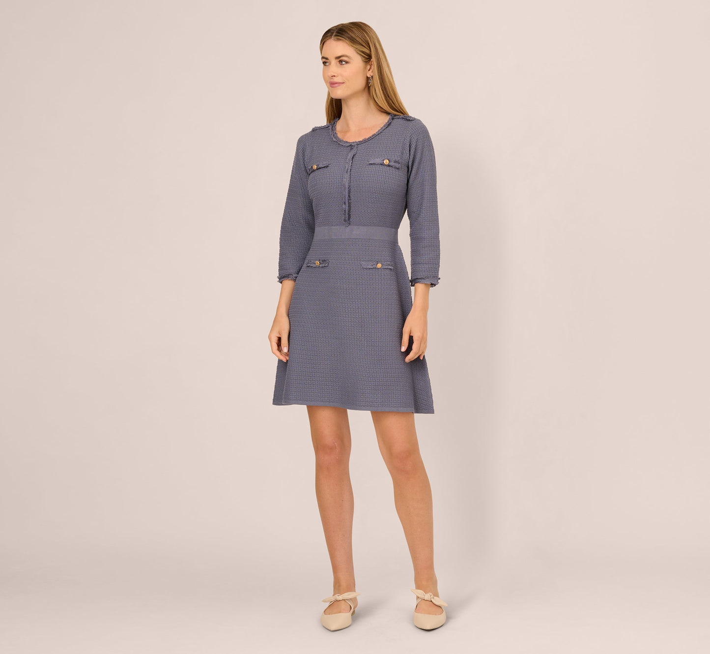 Three Quarter Sleeve Waffle Knit Short Dress In Dusty Blue
