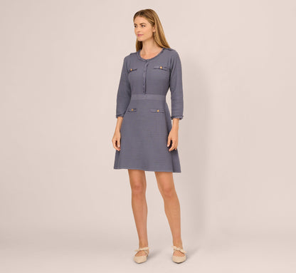 Three Quarter Sleeve Waffle Knit Short Dress In Dusty Blue