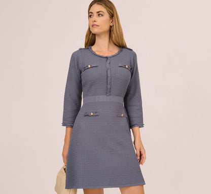 Three Quarter Sleeve Waffle Knit Short Dress In Dusty Blue