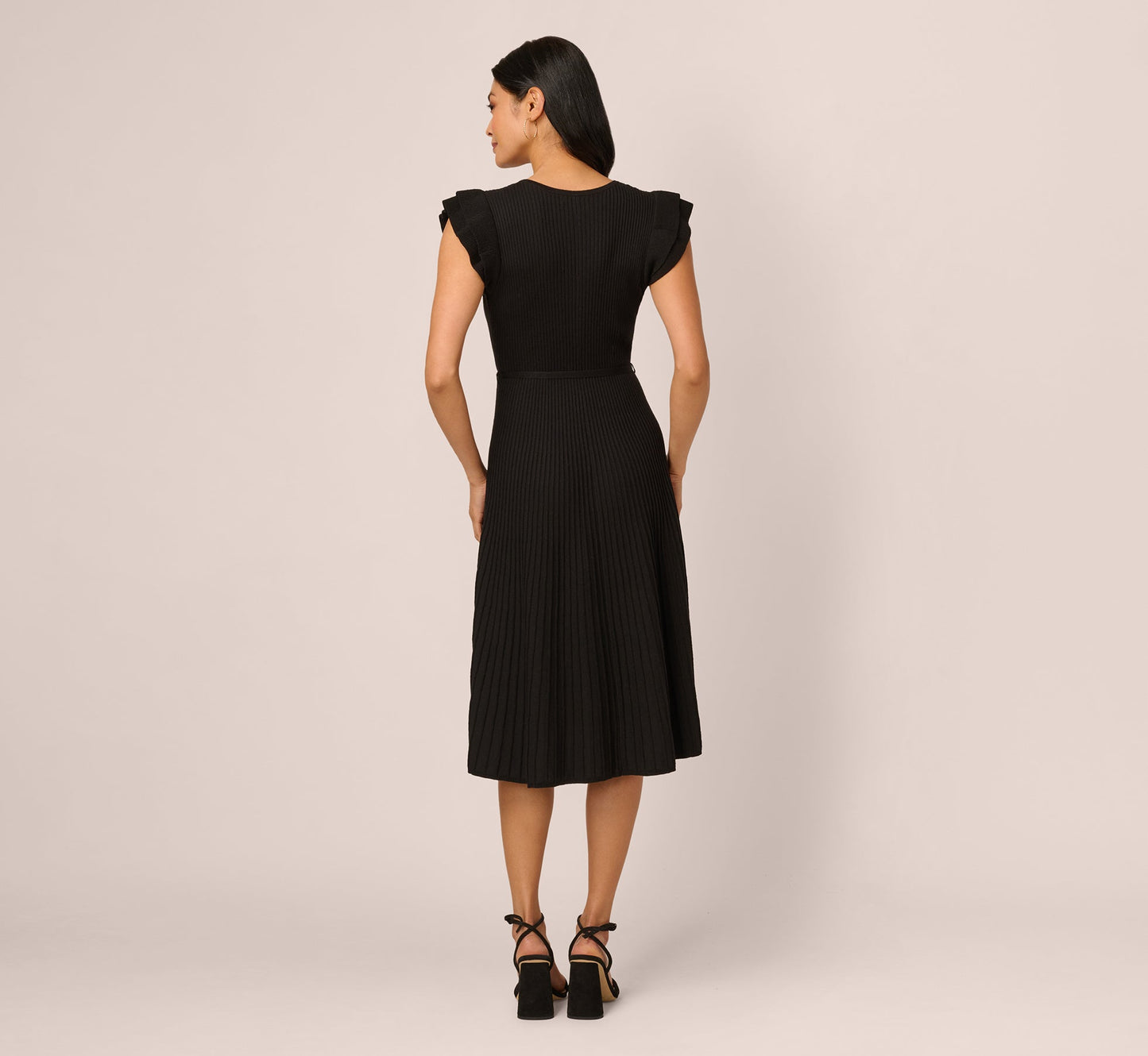 Flutter Sleeve Ribbed Cable Midi Dress In Black