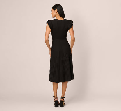 Flutter Sleeve Ribbed Cable Midi Dress In Black