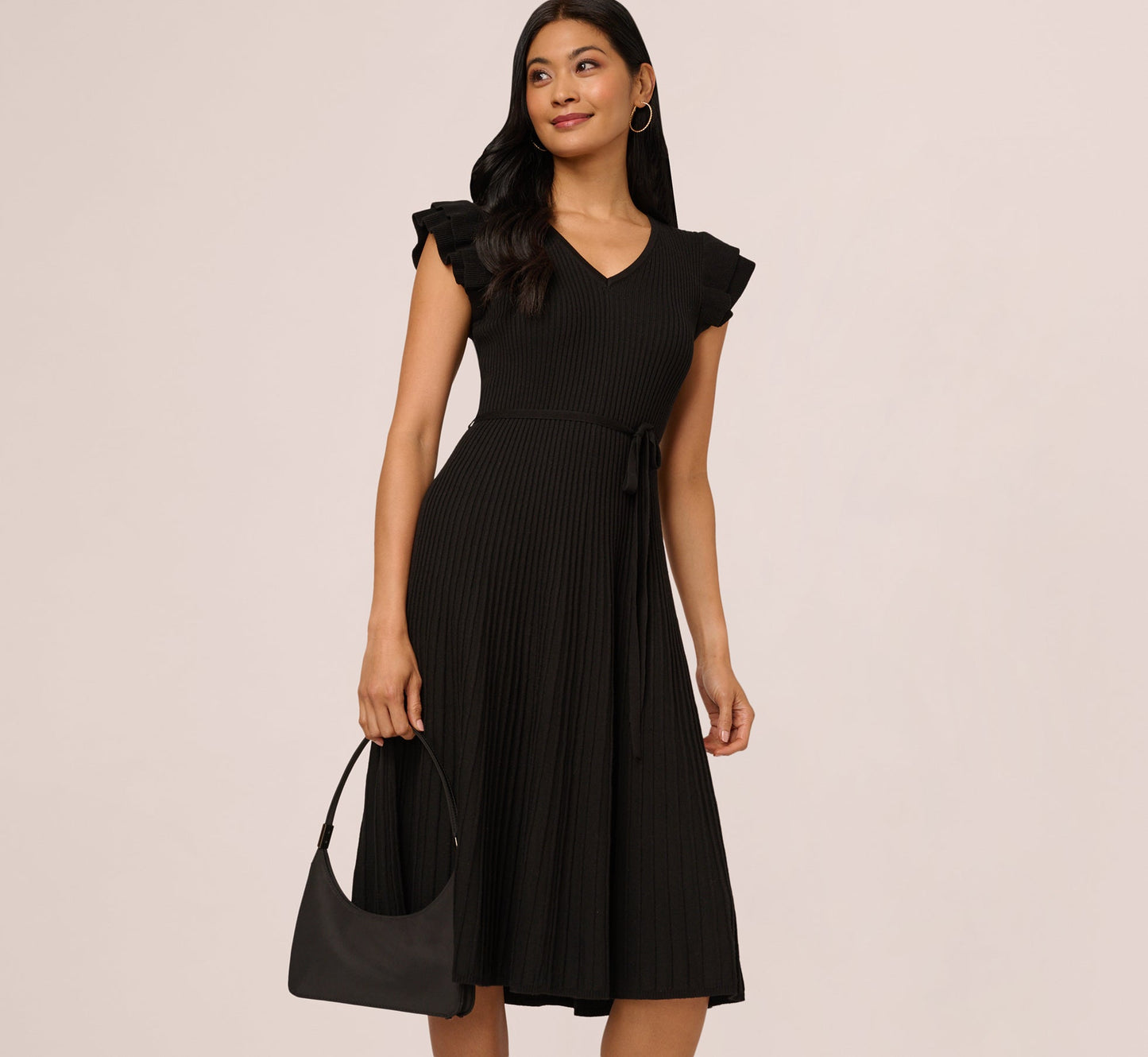 Flutter Sleeve Ribbed Cable Midi Dress In Black
