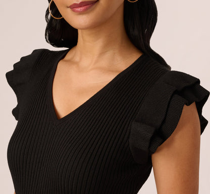 Flutter Sleeve Ribbed Cable Midi Dress In Black