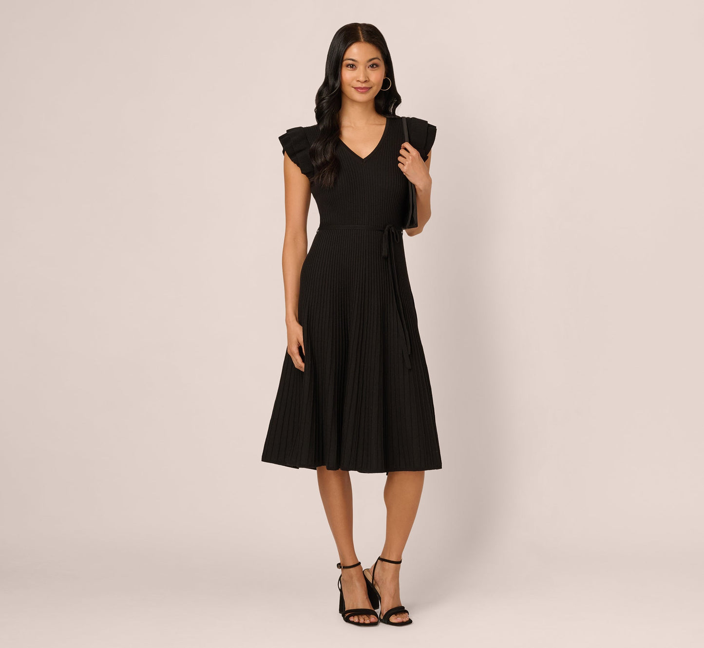 Flutter Sleeve Ribbed Cable Midi Dress In Black